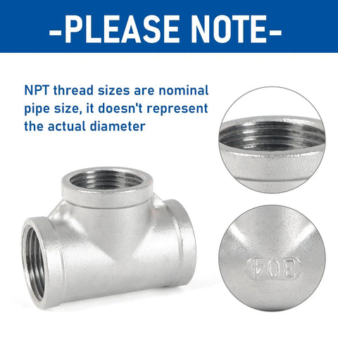 4 Pack 304 Stainless Steel Tee Pipe Fittings 3/4 Inch X 3/4 Inch X 3/4 Inch NPT Female Thread Adapters with close-up views