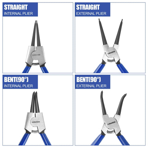 Diagram showing 7 Inch Snap Ring Pliers Set Four Piece Circlip Pliers Kit With Straight And Bent Jaw Internal And External views