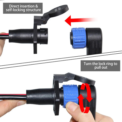 Heavy Duty Trolling Motor Plug And Receptacle Set 50Amp Marine Connector showing direct insertion lock ring mechanism and wires.