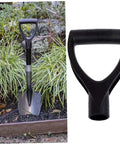 D Shaped Spade Handle Replacement Grip For Shovels Forks And Rakes Black Plastic Garden Tool Grip Upgrade For Digging And Landscaping Gear Fits 3cm Diameter Handles attached to a shovel near plants.