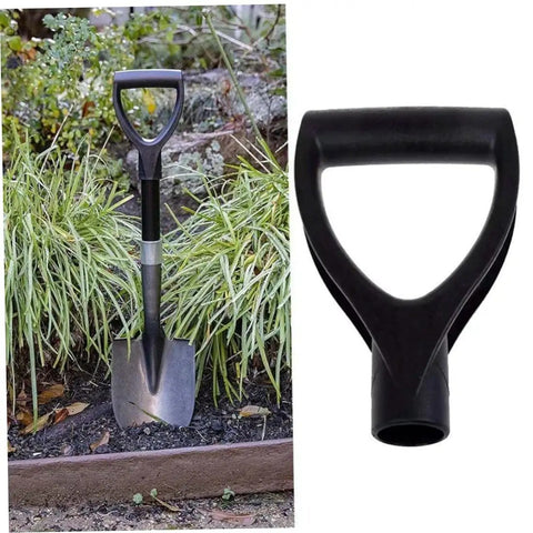 D Shaped Spade Handle Replacement Grip For Shovels Forks And Rakes Black Plastic Garden Tool Grip Upgrade For Digging And Landscaping Gear Fits 3cm Diameter Handles attached to a shovel near plants.
