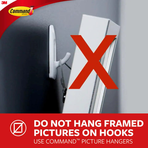 Image of Damage Free Outdoor Wall Hooks Kit with large red X over a framed picture hanging warning.