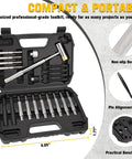 Open box showing 23 Piece Roll Pin Punch Set With Hammer And Bench Block for mechanics and gearheads, dimensions labeled.