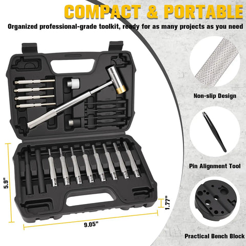 Open box showing 23 Piece Roll Pin Punch Set With Hammer And Bench Block for mechanics and gearheads, dimensions labeled.