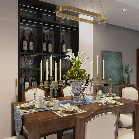 Dining table with Flameless Ivory Taper Candles Set Of 6 With Remote, Battery Powered LED Warm 3D Wick Light Real Wax Look centerpiece.