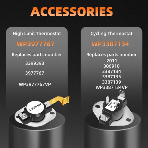 High limit thermostat WP397767 and cycling thermostat WP3387134 for dryer heating element replacement kits
