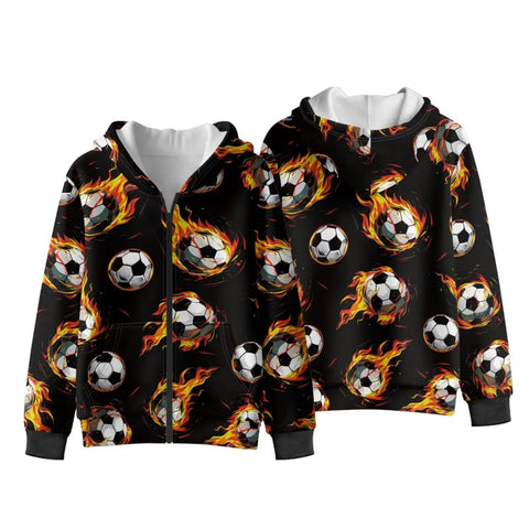 Boys Flame Soccer Print Full Zip Hoodie For Winter Running And Morning Recess Cozy Soft Lined Kids Sweatshirt Jacket Casual Outerwear