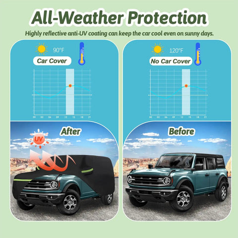 Bronco 4 Door Car Cover For 2021 To 2025 Stormproof All Weather Heavy Duty 6 Layer Waterproof Sun Rain UV protection shown on SUV