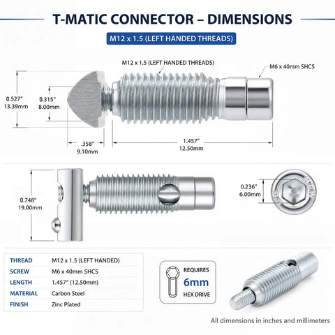 M12 x 1.5 left handed T-Matic connector with dimensions, zinc plated carbon steel, for specialized assembling needs.