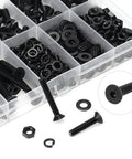 380 Piece M4 Socket Cap Screws Set With Countersunk Heads in black finish, includes hex nuts, washers, shown in storage case