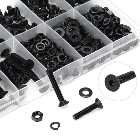 380 Piece M4 Socket Cap Screws Set With Countersunk Heads in black finish, includes hex nuts, washers, shown in storage case