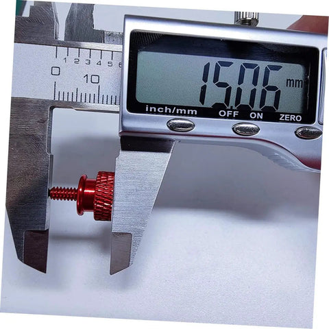 Close-up of red aluminum alloy computer case thumbscrew in caliper measurement, part of 10-pack knurled DIY replacement screws.