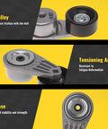 Accessory Drive Belt Tensioner Pulley Assembly for Nissan Frontier 05-19, Pathfinder 05-12, Xterra 05-15, NV1500 12-21 OE Quality Construction Beefy Durability Smooth Fit Rattle Free Operation Easy Install Premium Replacement Part, pulley and arm views