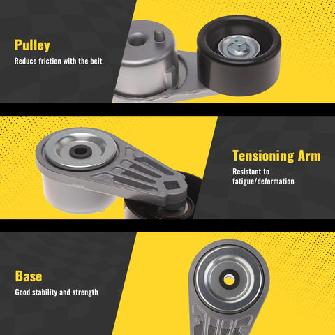 Accessory Drive Belt Tensioner Pulley Assembly for Nissan Frontier 05-19, Pathfinder 05-12, Xterra 05-15, NV1500 12-21 OE Quality Construction Beefy Durability Smooth Fit Rattle Free Operation Easy Install Premium Replacement Part, pulley and arm views