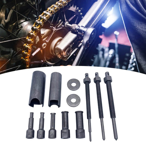 Real Deal Pro Motorcycle Bearing Removal Puller Kit 12 Pieces 9 To 23mm Metal Internal Extractor, shown with bike wheel service parts