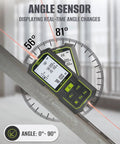 No Fuss Grab and Go Dual Laser Distance Meter 525FT Range Rechargeable Measure Tool With Tilt Sensor displaying angle changes.