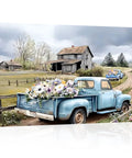 Blue Pickup Truck Wall Art For Farmhouse Decor 16x24 Rustic Canvas Print With White Daisies Barn Scene Countryside Cozy Rustic Vibe