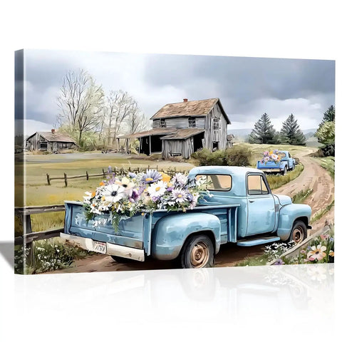 Blue Pickup Truck Wall Art For Farmhouse Decor 16x24 Rustic Canvas Print With White Daisies Barn Scene Countryside Cozy Rustic Vibe