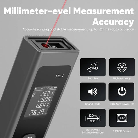 Beast Mode Laser Distance Meter With 393 Ft Range Type C Rechargeable Handy Tool For Construction Tiling And DIY Area Volume Pythagorean Calculations 1.4 Inch Black LCD, black handheld meter with 1.4 in screen