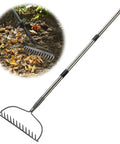 Heavy Duty Bow Rake For Leaves And Lawn Care, 48 Inch Handle With Back Saving Grip, shown raking soil and leaves with 14 metal tines.