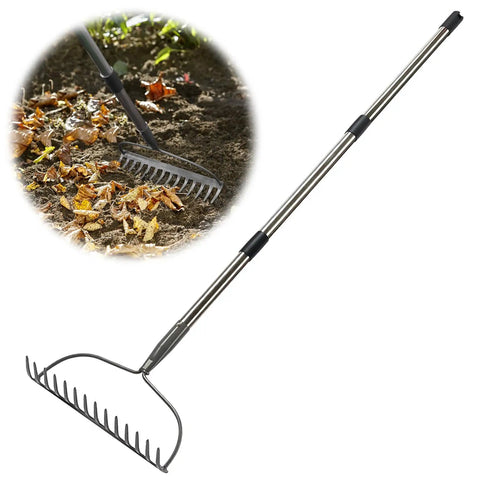 Heavy Duty Bow Rake For Leaves And Lawn Care, 48 Inch Handle With Back Saving Grip, shown raking soil and leaves with 14 metal tines.