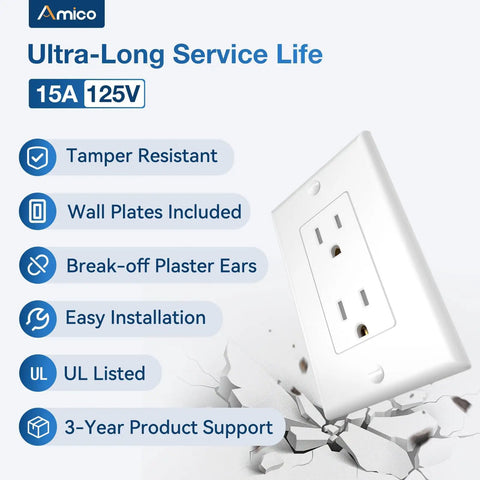 50 Pack Wall Outlet With Tamper Resistant 15 Amp Receptacles And Wall Plate, UL Listed 125V 1875W Decorator Style
