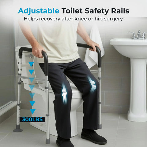 Man using Adjustable Toilet Safety Rails With Hella Tough Handles Builds Rock Solid Support Structure for Elders and Disability Needs Supplies Badass Weight Capacity and Gnarly Anti Slip Texture Secures Your Daily Flush Routine in Black.
