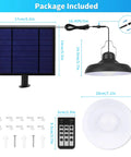 Package contents of Dimmable Solar Shed Light With Remote Control, IP65 Waterproof Indoor Outdoor Hanging Lantern For Patio Garden Or Henhouse, 16.4 Ft Cord, Three Color Temperatures 3000K 4000K 6500K, Timing Function.