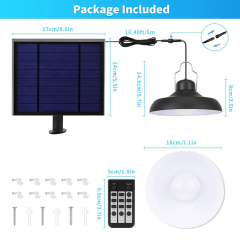 Package contents of Dimmable Solar Shed Light With Remote Control, IP65 Waterproof Indoor Outdoor Hanging Lantern For Patio Garden Or Henhouse, 16.4 Ft Cord, Three Color Temperatures 3000K 4000K 6500K, Timing Function.