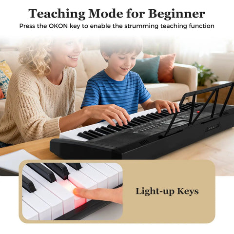 Woman and child using 61 Key Portable Keyboard Piano With Light Up Keys Microphone Headphones Stickers Carrying Bag 200 Rhythms 200 Tones 70 Demos Record And Replay Dual Keyboard Experience For Beginners And Grownups