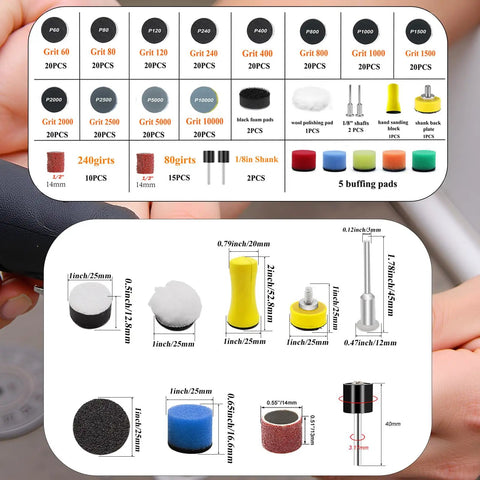 Pro Grade 1 Inch Sanding Discs And Drum Kit For Dremel Tools 279 PC Wet Dry Hook And Loop Sandpaper Set with grit range and sizes chart