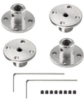 Four 6mm rigid flange couplings in metal with mounting flanges, screws and Allen keys for DIY RC models.
