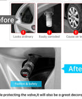 Before and after installation of Heavy Duty Aluminum Alloy Tire Valve Stem Cap Covers 4 Pack Universal Black Air Caps on car