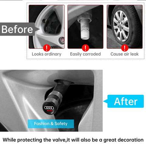 Before and after installation of Heavy Duty Aluminum Alloy Tire Valve Stem Cap Covers 4 Pack Universal Black Air Caps on car