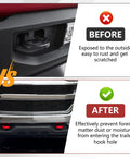 Before and after image comparing truck front with and without Front Tow Hook Covers For Silverado 1500 And GMC Sierra 1500 Red Silicone Hitch Covers 2 Pack Easy Fit Durable Nitrile Rubber Plug And Play Style Custom Fit 2007 To 2025 Chevrolet Silverado 1500 And 2007 To 2018 GMC Sierra 1500 installed.