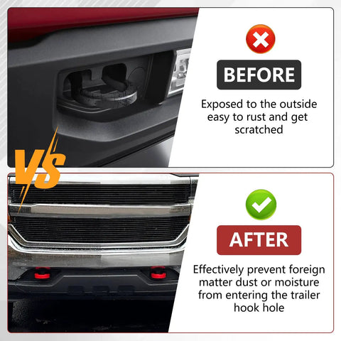 Before and after image comparing truck front with and without Front Tow Hook Covers For Silverado 1500 And GMC Sierra 1500 Red Silicone Hitch Covers 2 Pack Easy Fit Durable Nitrile Rubber Plug And Play Style Custom Fit 2007 To 2025 Chevrolet Silverado 1500 And 2007 To 2018 GMC Sierra 1500 installed.