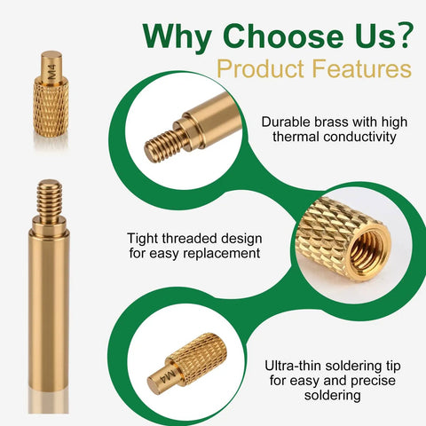 Insert Soldering Tips Kit For Heat Set Inserts M2 To M8, 1 Quarter Inch Thread Brass Tips, compatibility details, and features displayed.
