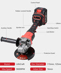 Cordless Four And A Half Inch Angle Grinder With 18.5V Brushless Motor Beefy Battery Powered Cut Off Tool Kit Includes Two 3.0Ah Batteries And Charger For Metal Stone Tile Cutting And Grinding And Rust Removal. Black red cordless angle grinder with guard, side handle, and battery.