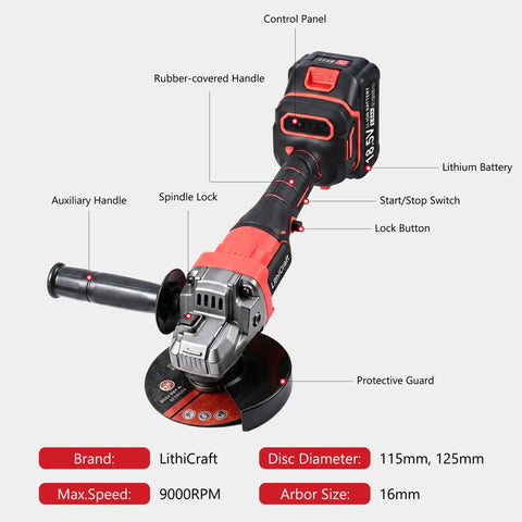 Cordless Four And A Half Inch Angle Grinder With 18.5V Brushless Motor Beefy Battery Powered Cut Off Tool Kit Includes Two 3.0Ah Batteries And Charger For Metal Stone Tile Cutting And Grinding And Rust Removal. Black red cordless angle grinder with guard, side handle, and battery.