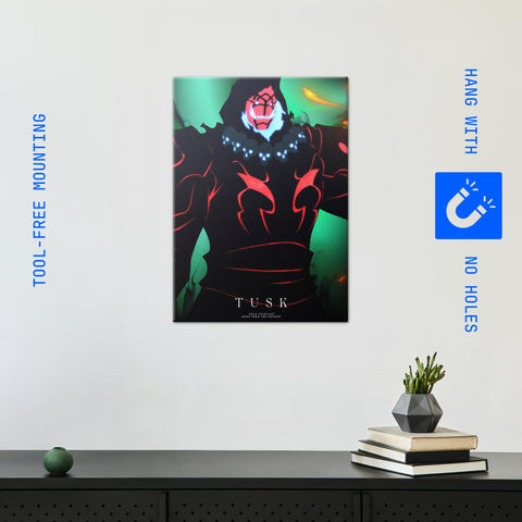 Badass Solo Leveling Metal Poster Featuring Tusk Design With Hot Anime Wall Art crafted from sturdy rustproof steel, 12.6 x 17.7 inches.
