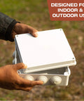 Hands opening white Outdoor Electrical Junction Box 12 x 10 x 4.8 Inch Weatherproof Dustproof Waterproof Enclosure