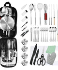 Camping Utensils Set With Storage Bag Portable Stainless Steel Cookware Gear For Outdoor Cooking Car Travel And RV Trips Includes Spatula Tongs Ladle Brush Peeler Meat Fork Skewers And Roasting Forks displayed with bag and utensils.