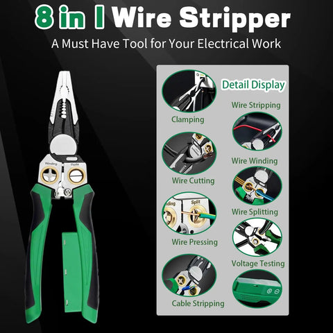 8 In 1 Wire Stripping And Cutting Tool With Voltage Tester Dual Alarm Needle Nose Pliers and feature details