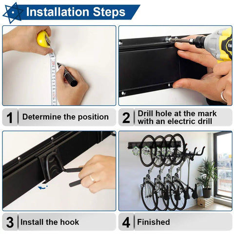 Installation steps for Beefy Garage Wall Mount Bike Storage Rack Holds Up To 6 Bicycles And 5 Helmets with tools and wall mount.