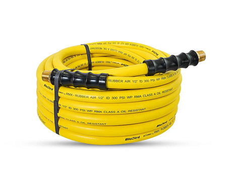 OS12100 Half Inch Class A Rubber Air Hose 100 Feet, showing bend restrictor and brass fittings, coiled for display