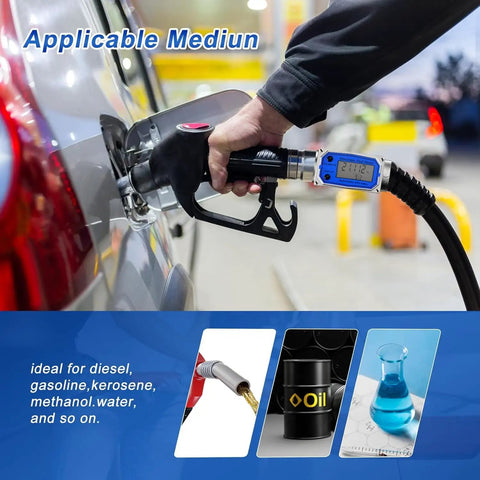 Digital Turbine Flow Meter Three Quarter Inch Auto On Off Industry Grade Aluminum Alloy Fuel And Water Meter in use at gas station