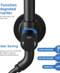 Close-up of 3-function integrated diverter on 9 Inch Rainfall Shower Head And Handheld Combo System With Slide Bar In Matte Black