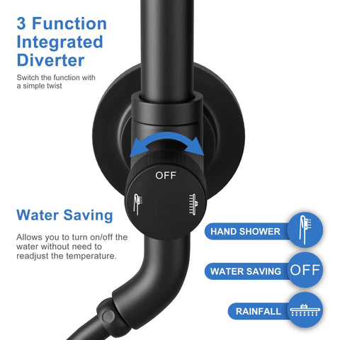 Close-up of 3-function integrated diverter on 9 Inch Rainfall Shower Head And Handheld Combo System With Slide Bar In Matte Black
