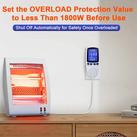 Plug In Power Meter With Brighter LCD Display And Night Vision in use with heater, showing energy usage tracking and safety features.