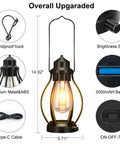 Two Pack Battery Powered LED Lanterns with Dimmerable Warm White Edison Bulbs Vintage Oil Lantern Look with size details and components